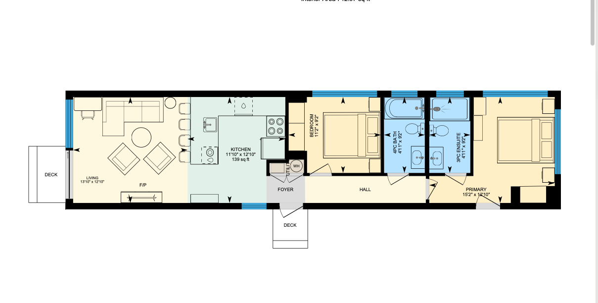 Floor plan of 4628 Forbidden Plateau Road — single linear volume with open-plan living, two bedrooms, and two bathrooms