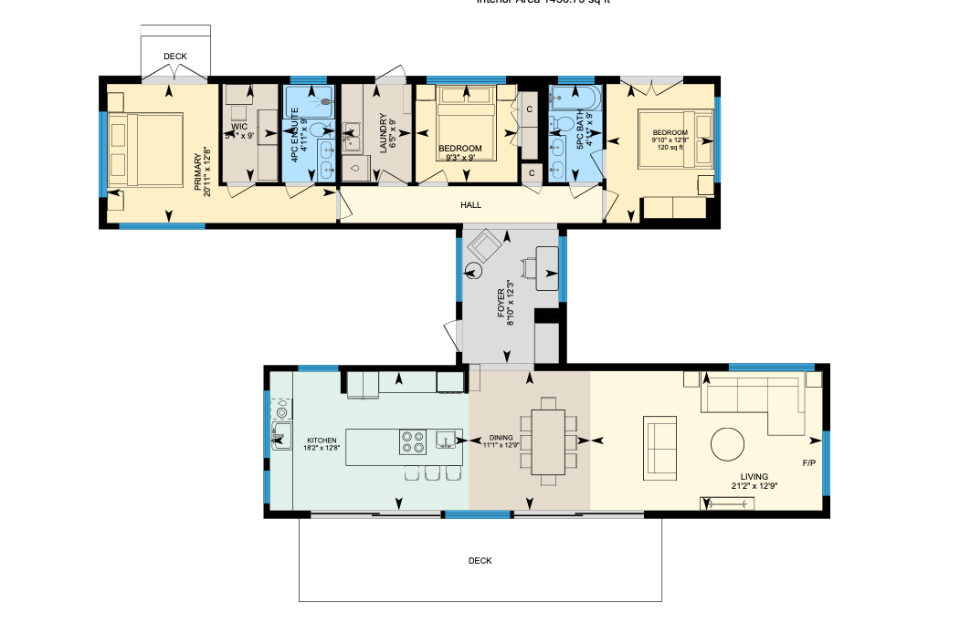 Floor plan of 4638 Forbidden Plateau Road — pavilion plan showing bedroom wing (north), glass gallery, and living wing (south)